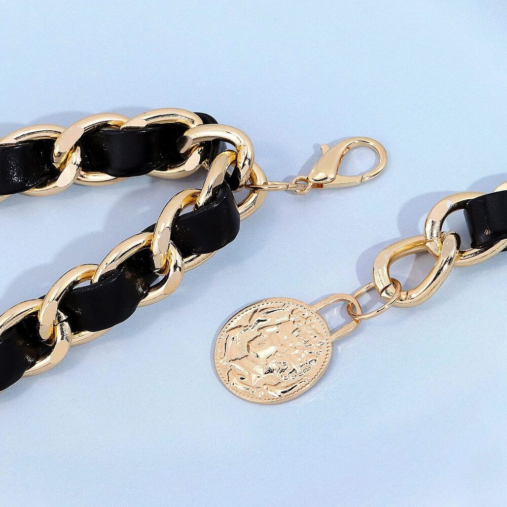 5325 Chain Belts Leather Waist Belt For Women Layered Metal Gold - Picture 4 of 5